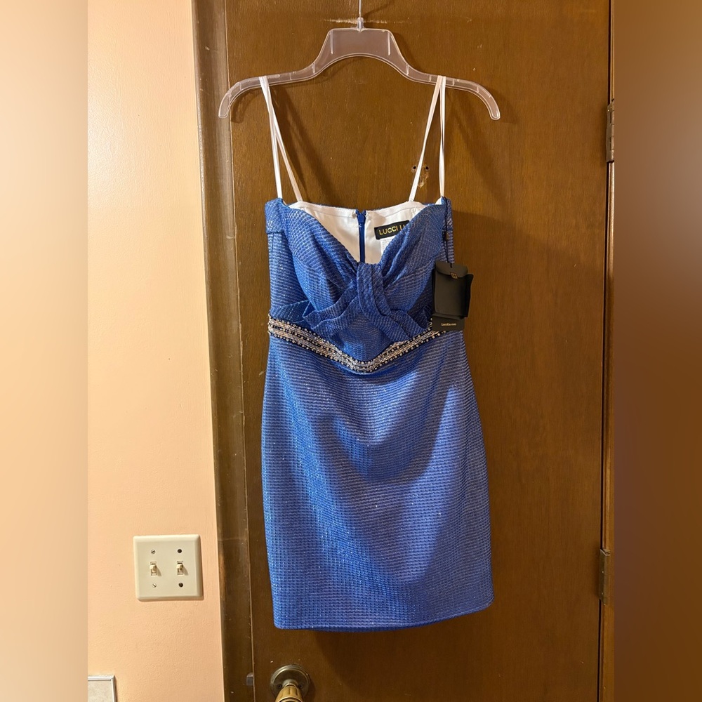 LAST CHANCE | NWT Lucci Lu Blue Sparkly Rhinestone Strapless Bodycon Mini Dress